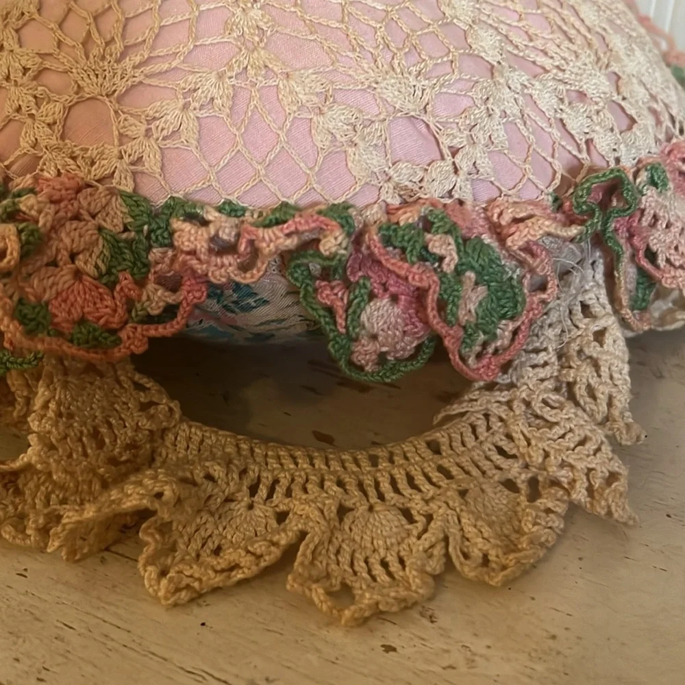 Vintage handmade needlepoint & crocheted throw pillow